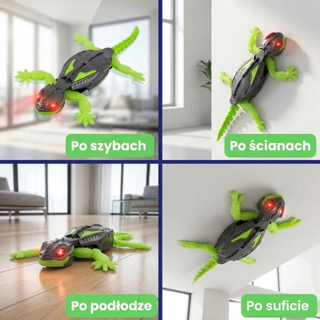 Gekon LED pełzający po ścianie w salonie